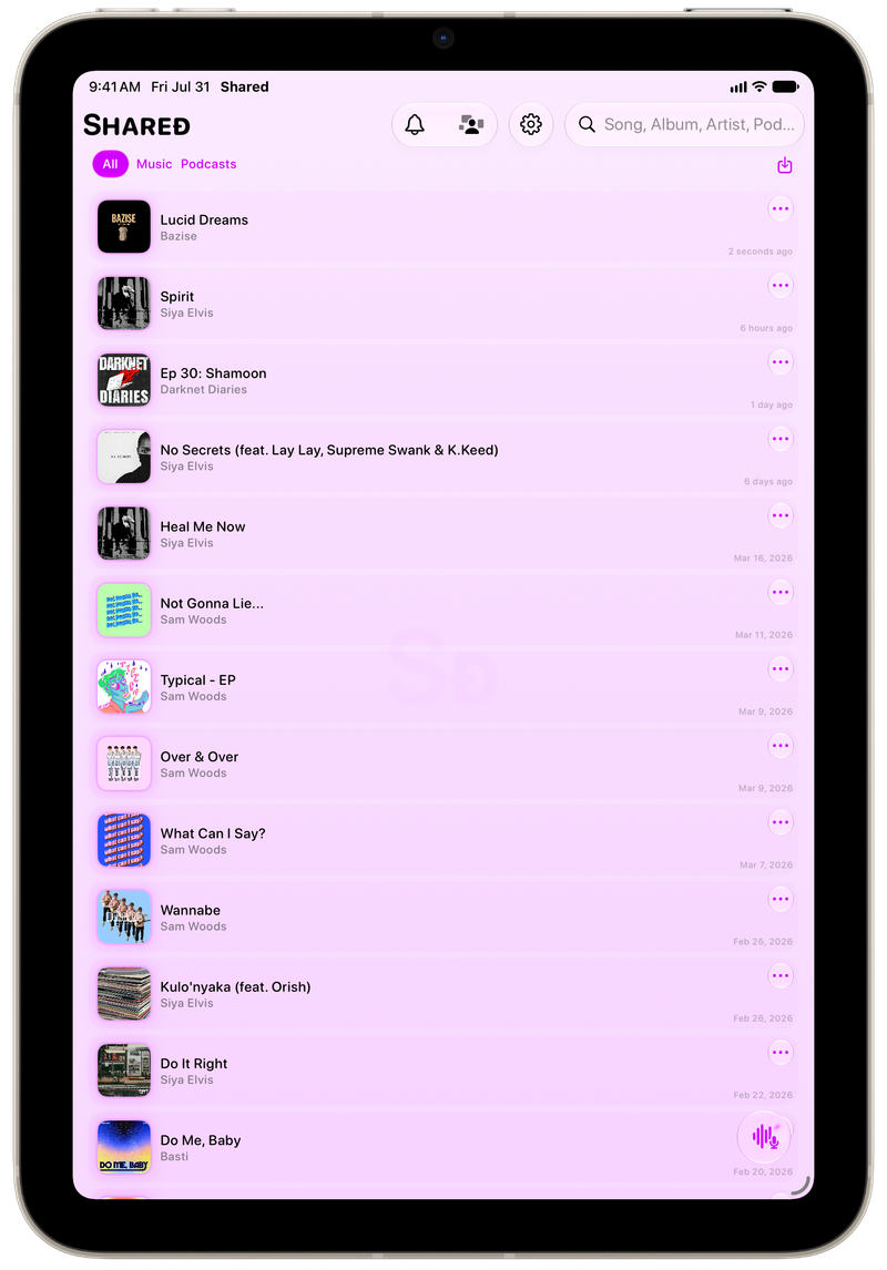 Shared on iPad mini showing History in the Purple tint, light appearance.
