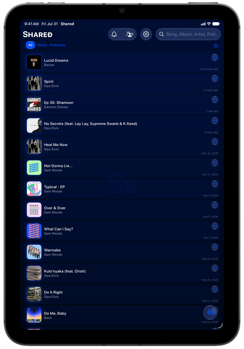 Shared on iPad mini showing History in the Blue tint, dark appearance.