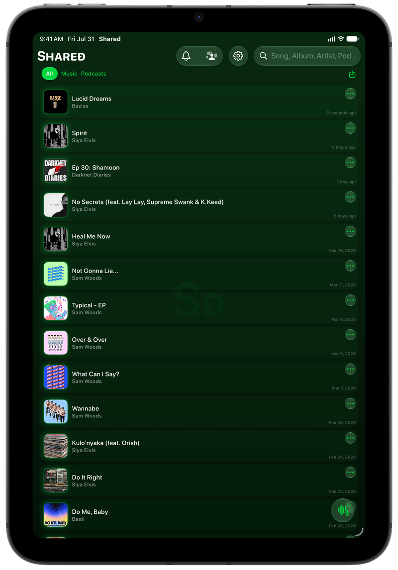 Shared on iPad mini showing History in the Green tint, dark appearance.