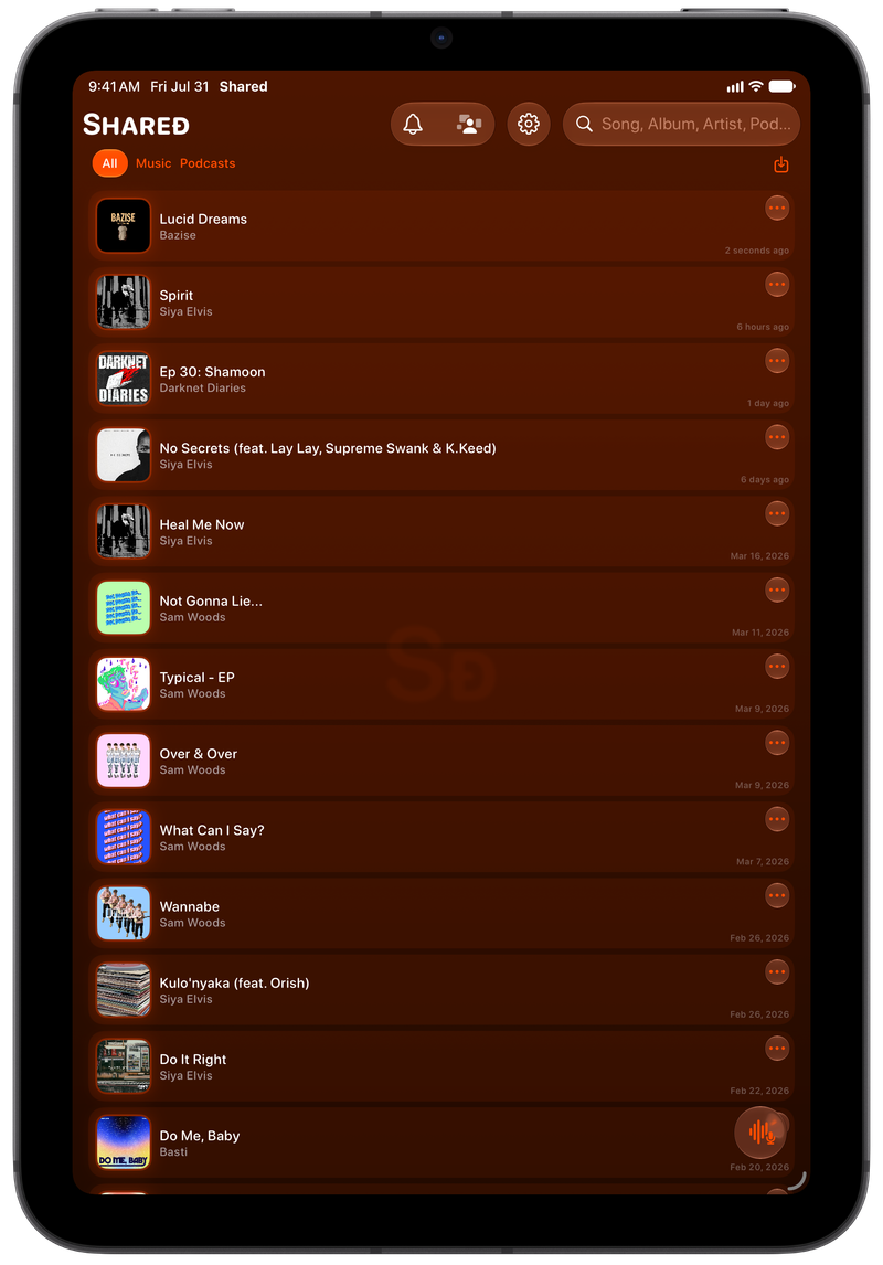 Shared on iPad mini showing History in the Orange tint, dark appearance.