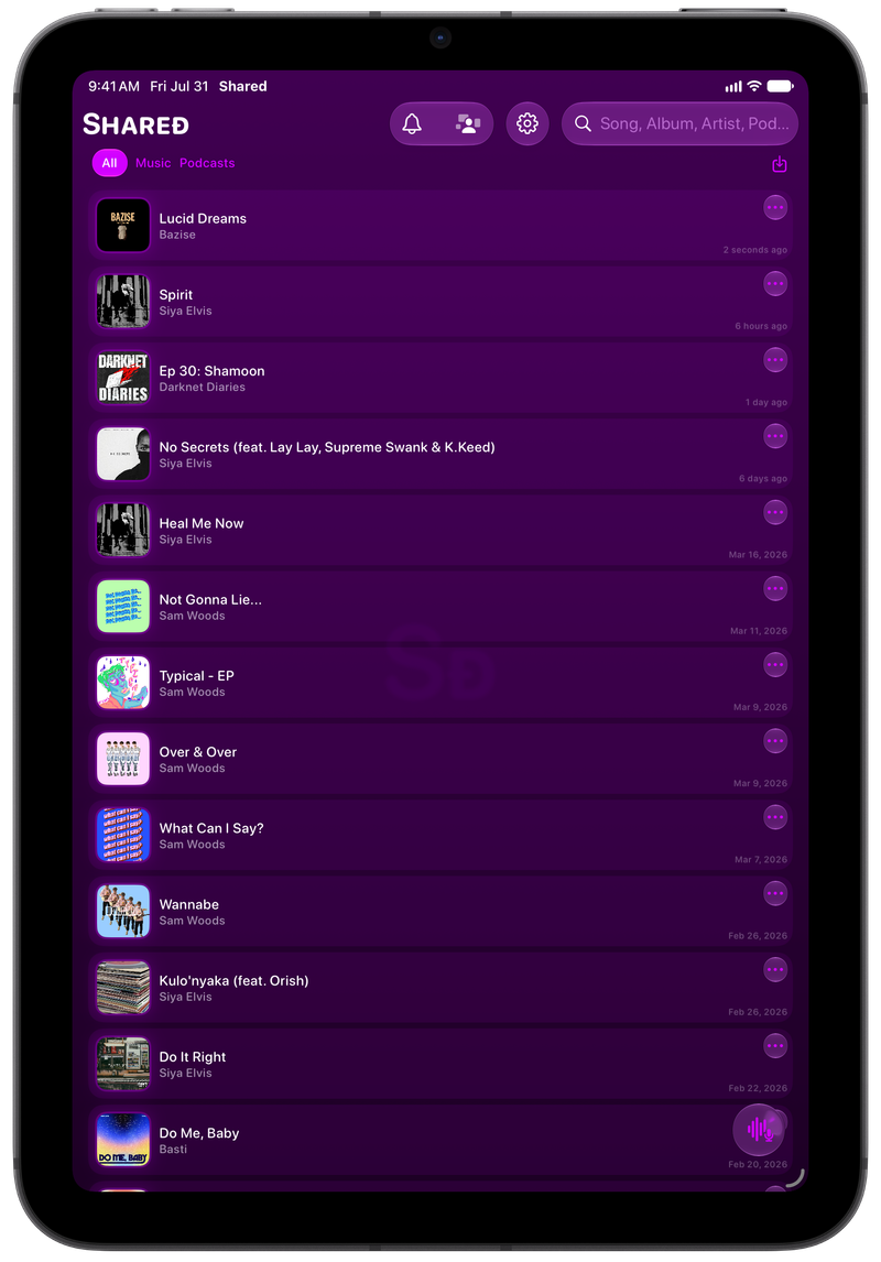 Shared on iPad mini showing History in the Purple tint, dark appearance.
