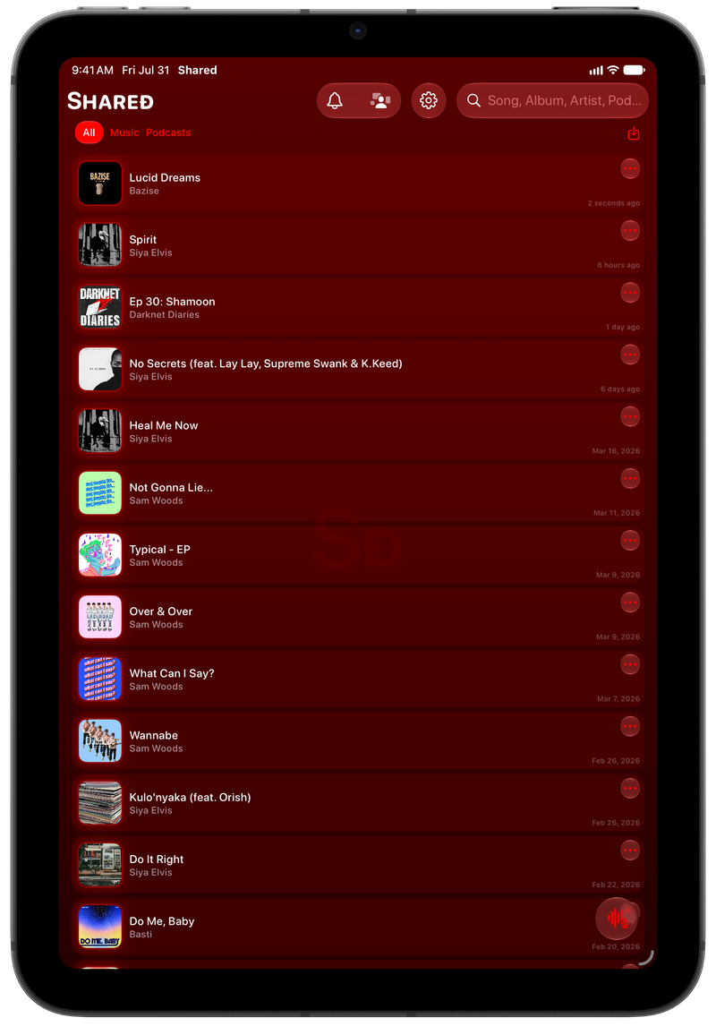 Shared on iPad mini showing History in the Red tint, dark appearance.