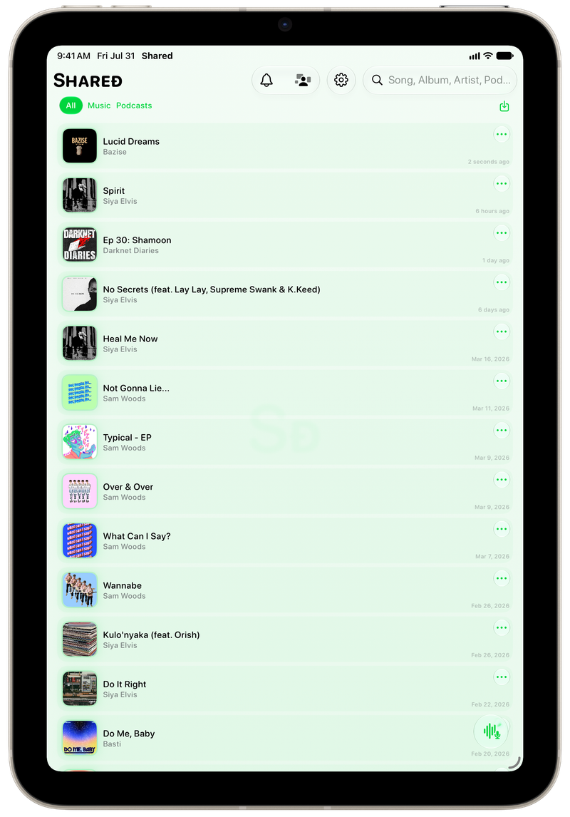 Shared on iPad mini showing History in the Green tint, light appearance.