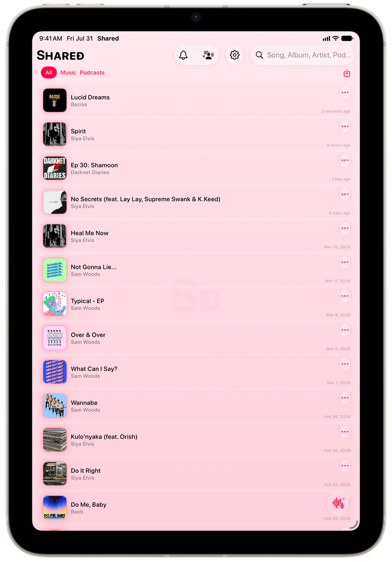Shared on iPad mini showing History in the Pink tint, light appearance.