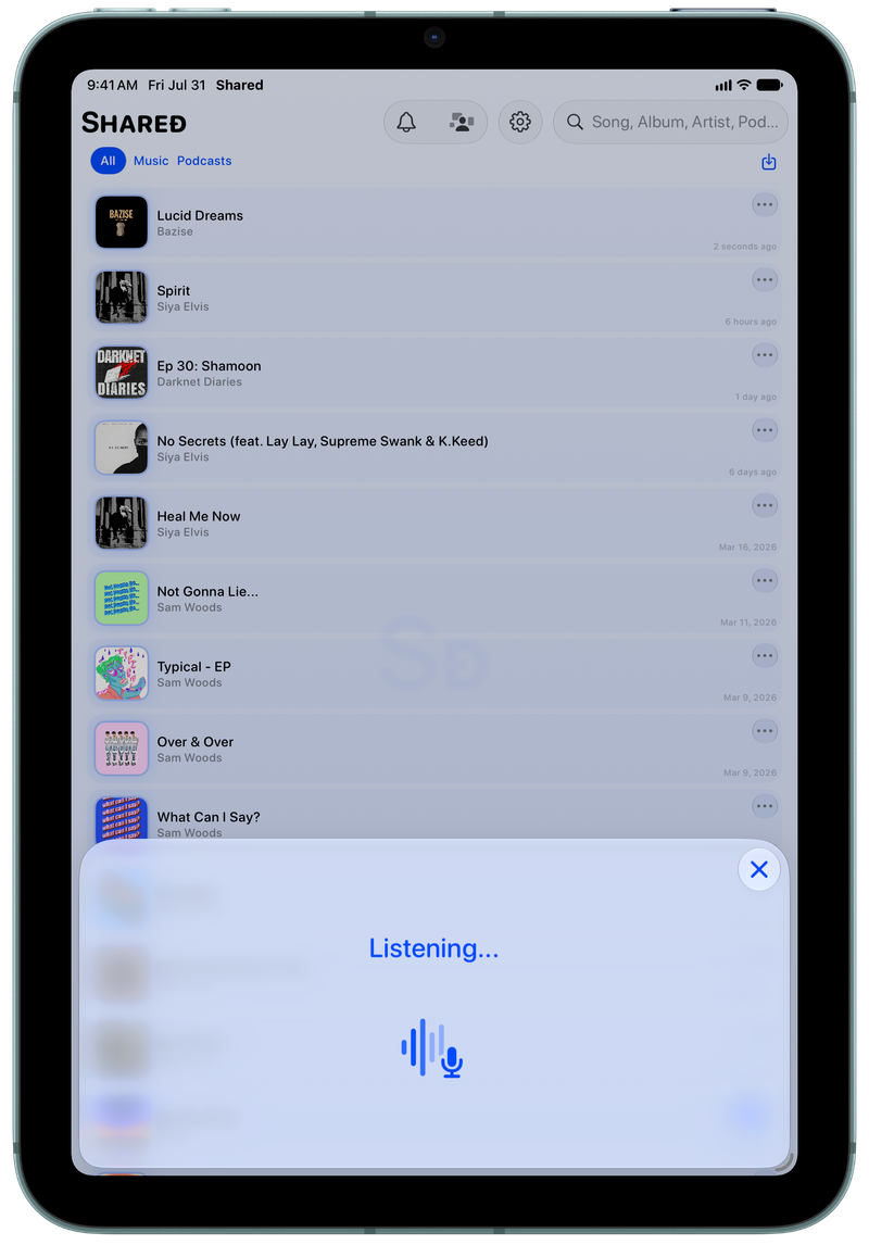 Shared on iPad mini showing Identifying Song in the Blue tint, light appearance.