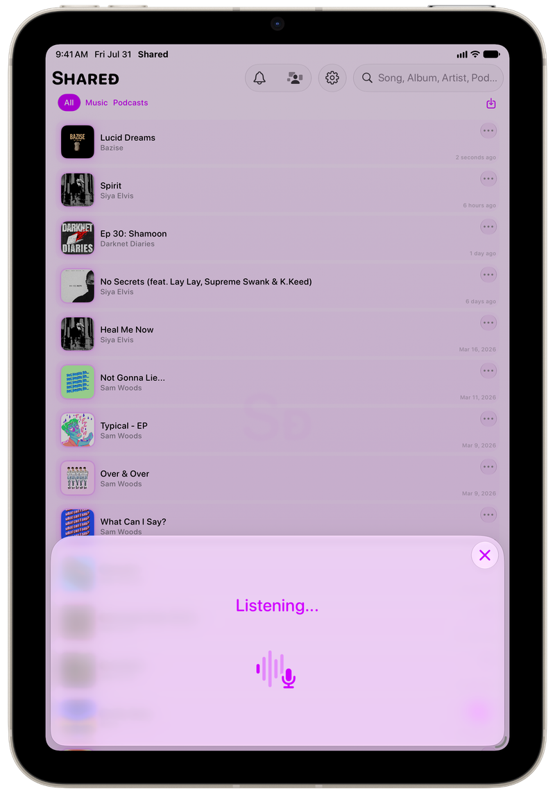 Shared on iPad mini showing Identifying Song in the Purple tint, light appearance.