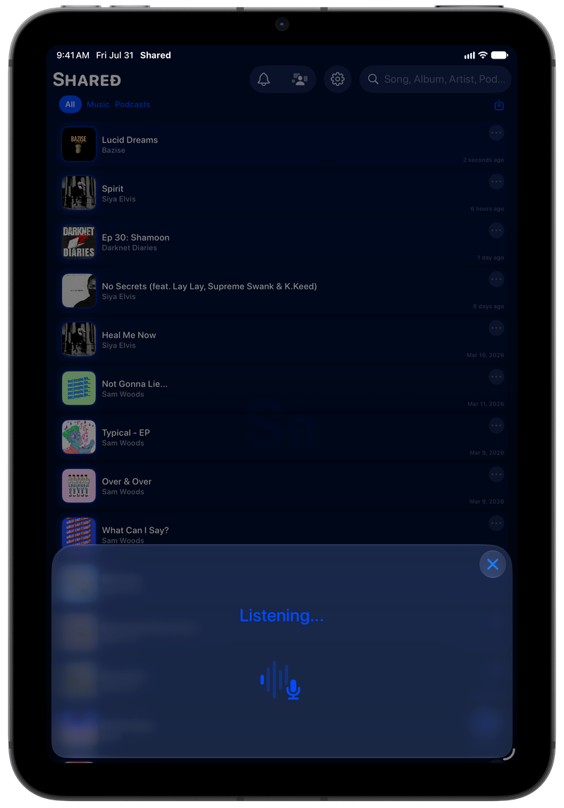 Shared on iPad mini showing Identifying Song in the Blue tint, dark appearance.