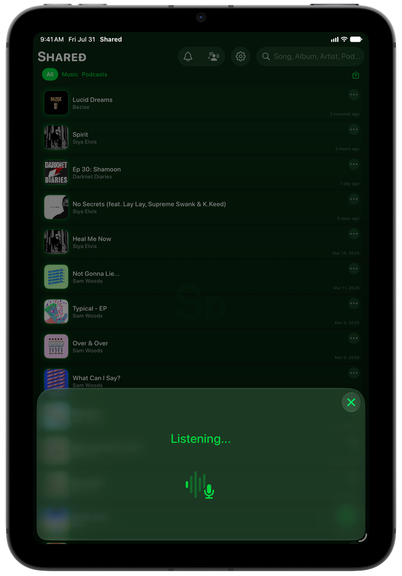 Shared on iPad mini showing Identifying Song in the Green tint, dark appearance.