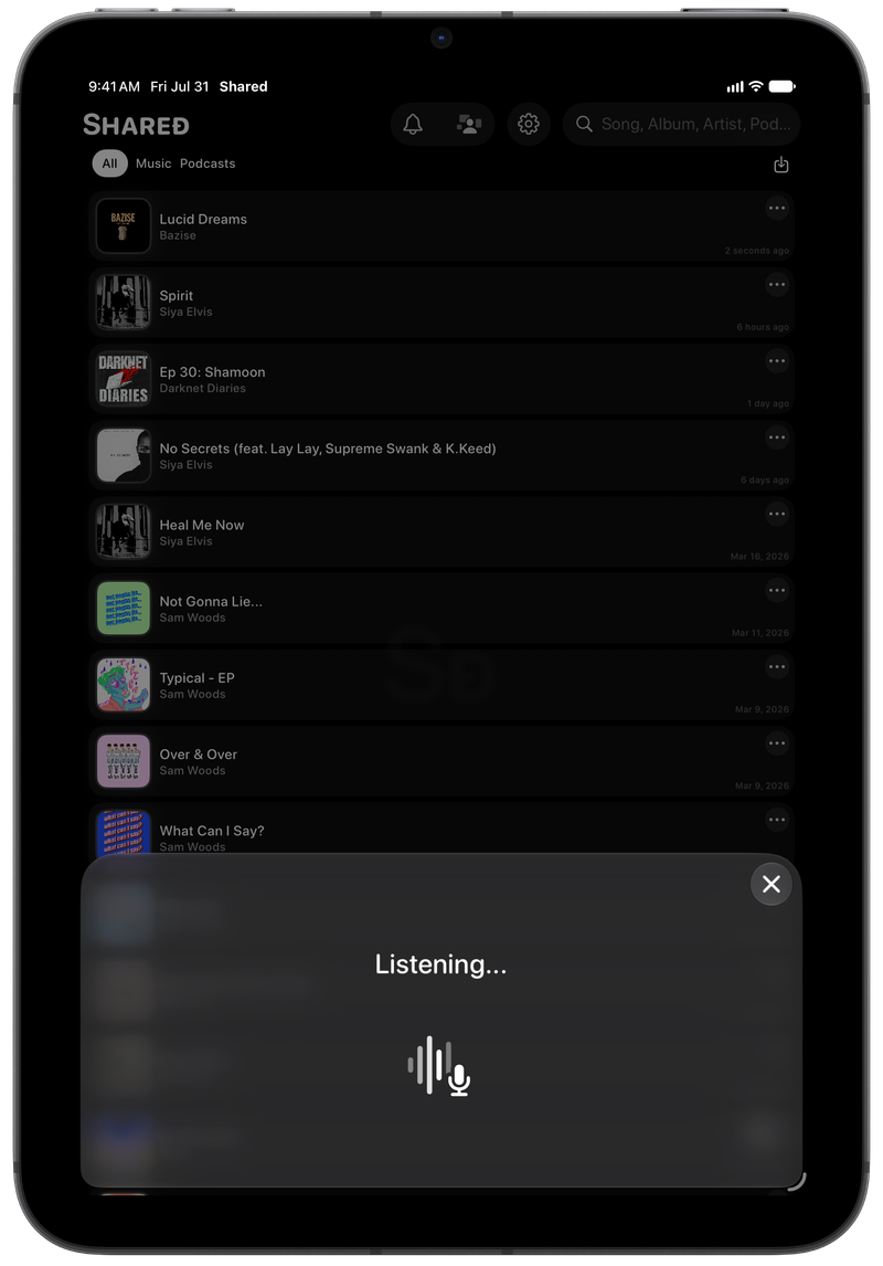 Shared on iPad mini showing Identifying Song in the Grey tint, dark appearance.