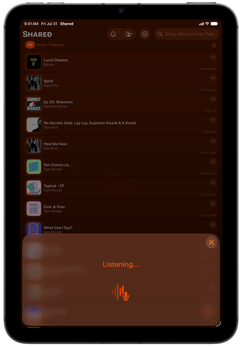 Shared on iPad mini showing Identifying Song in the Orange tint, dark appearance.