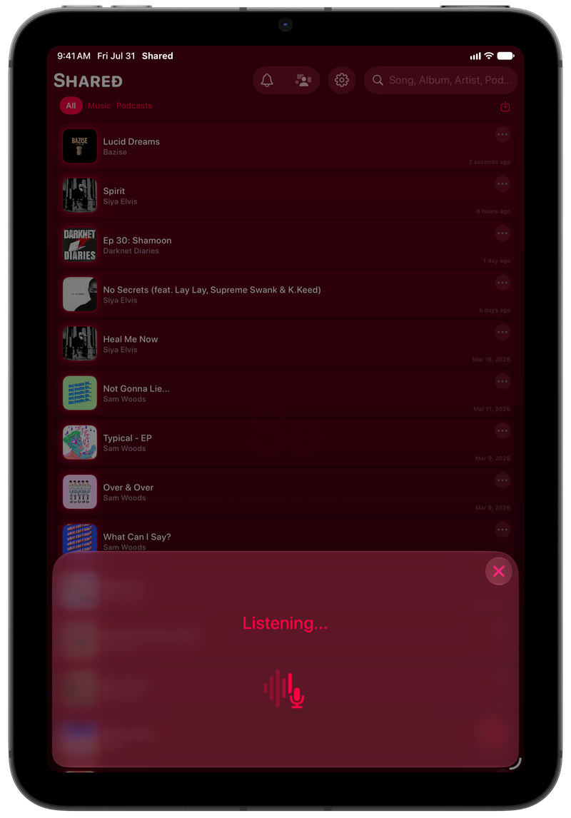 Shared on iPad mini showing Identifying Song in the Pink tint, dark appearance.