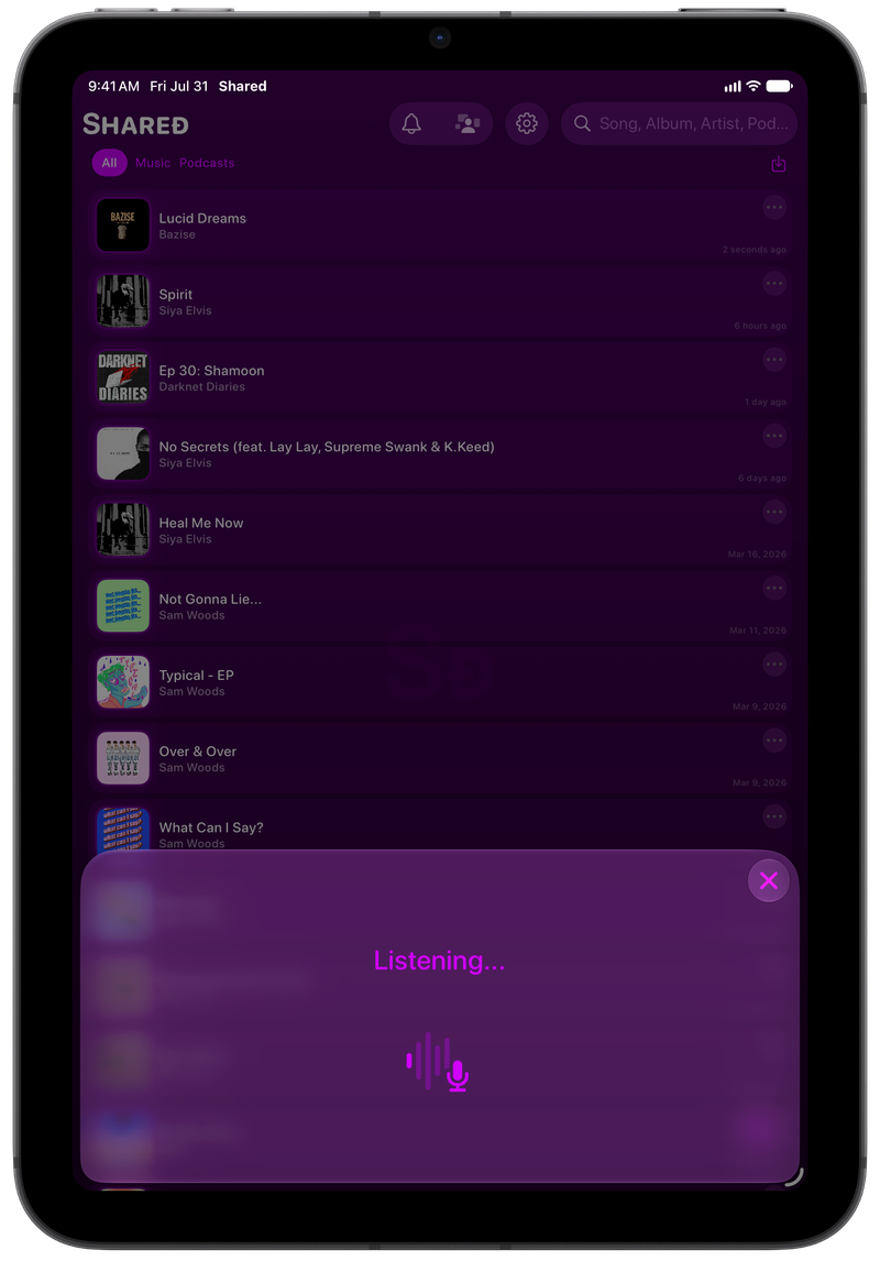 Shared on iPad mini showing Identifying Song in the Purple tint, dark appearance.