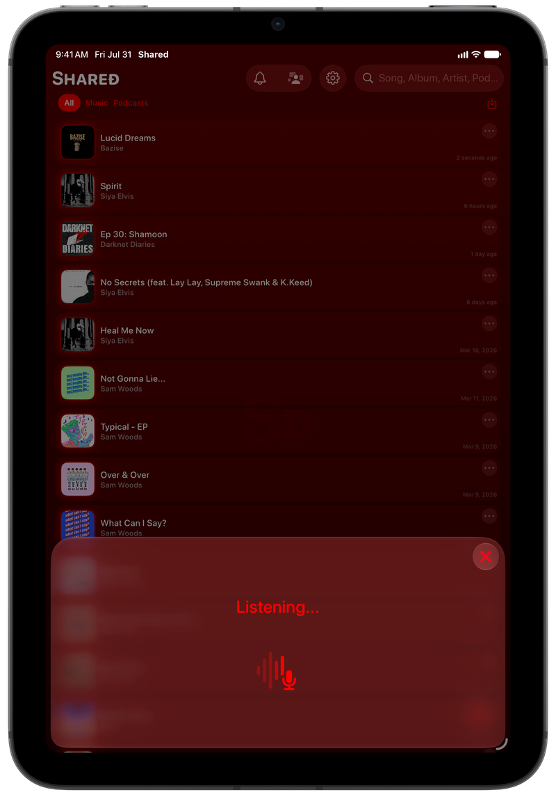 Shared on iPad mini showing Identifying Song in the Red tint, dark appearance.