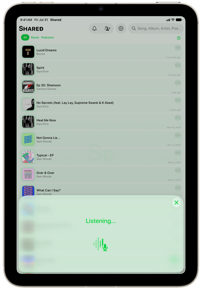 Shared on iPad mini showing Identifying Song in the Green tint, light appearance.