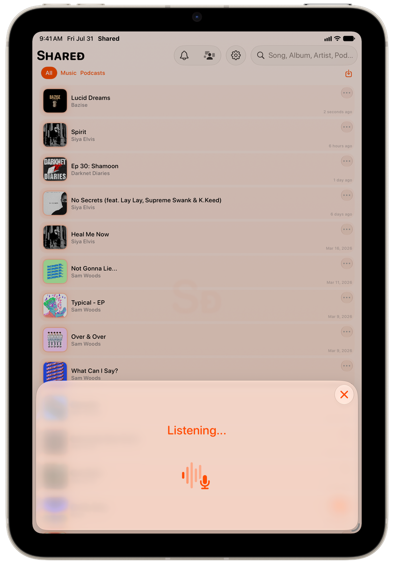 Shared on iPad mini showing Identifying Song in the Orange tint, light appearance.