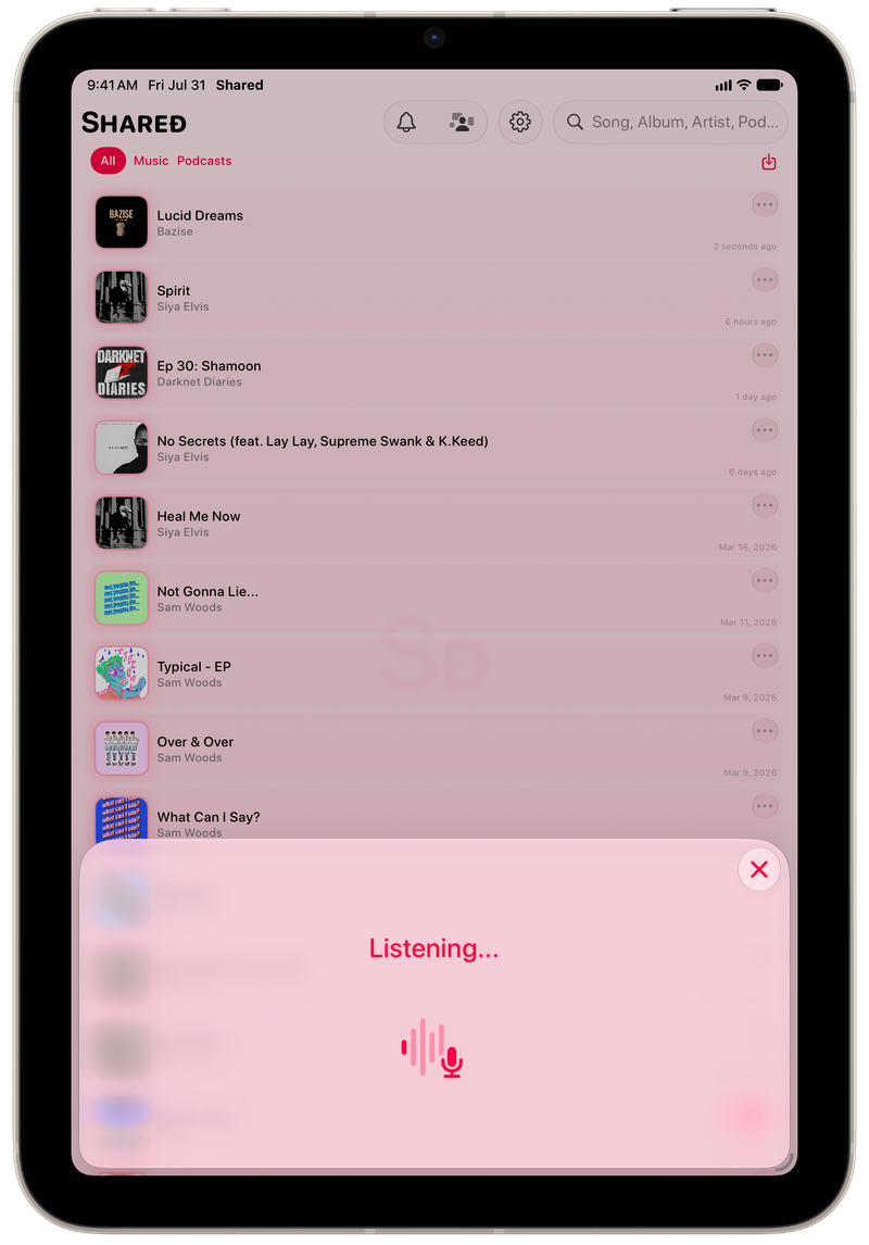 Shared on iPad mini showing Identifying Song in the Pink tint, light appearance.