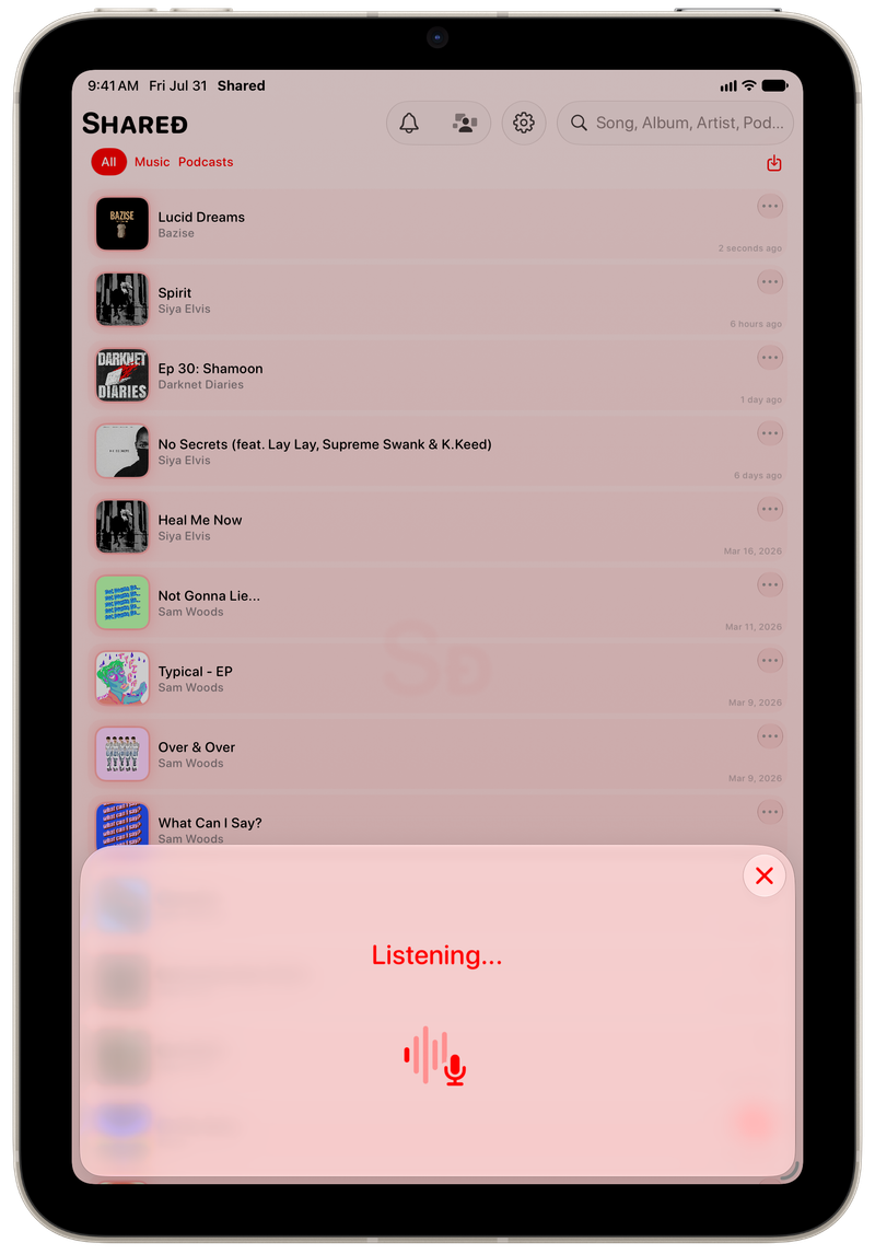 Shared on iPad mini showing Identifying Song in the Red tint, light appearance.