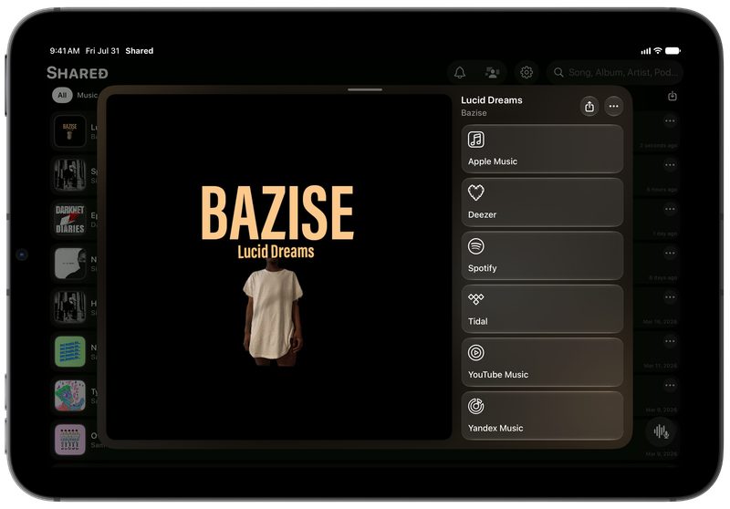 Shared on iPad mini showing Media View for Lucid Dreams, dark appearance.