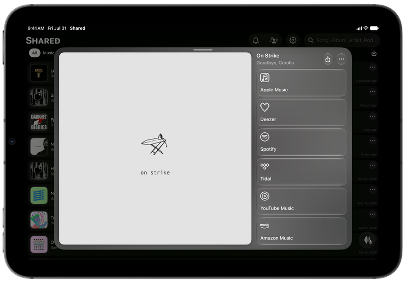 Shared on iPad mini showing Media View for On Strike, dark appearance.