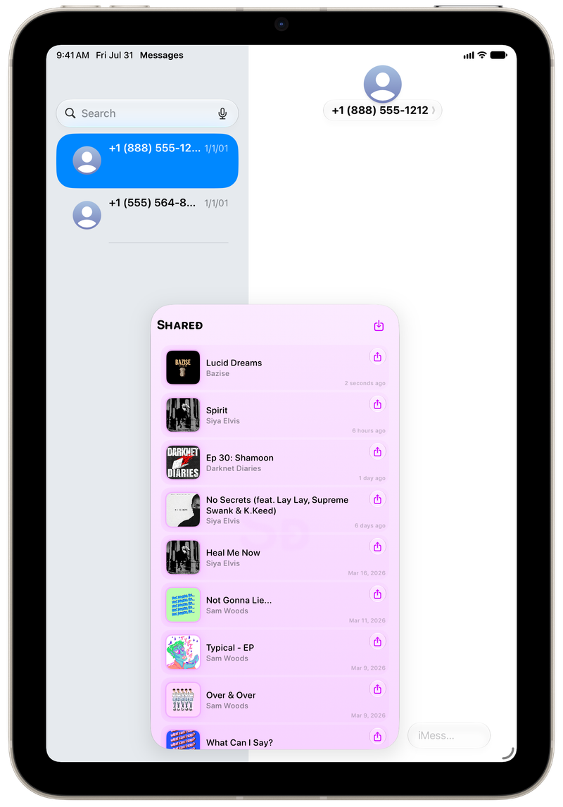 Shared on iPad mini showing Shared in Messages in the Purple tint, light appearance.