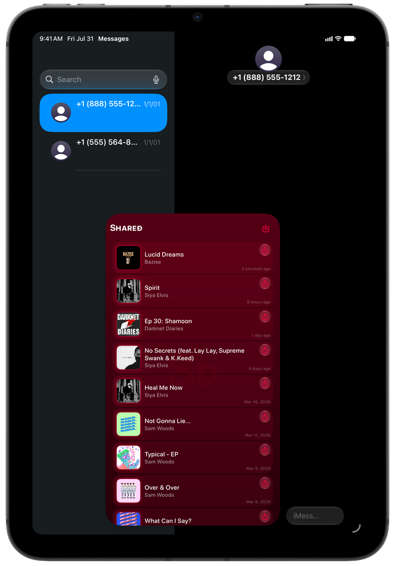 Shared on iPad mini showing Shared in Messages in the Pink tint, dark appearance.