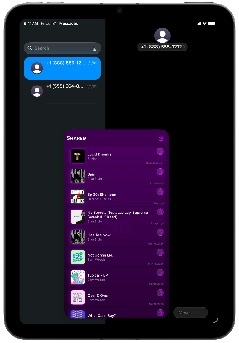 Shared on iPad mini showing Shared in Messages in the Purple tint, dark appearance.