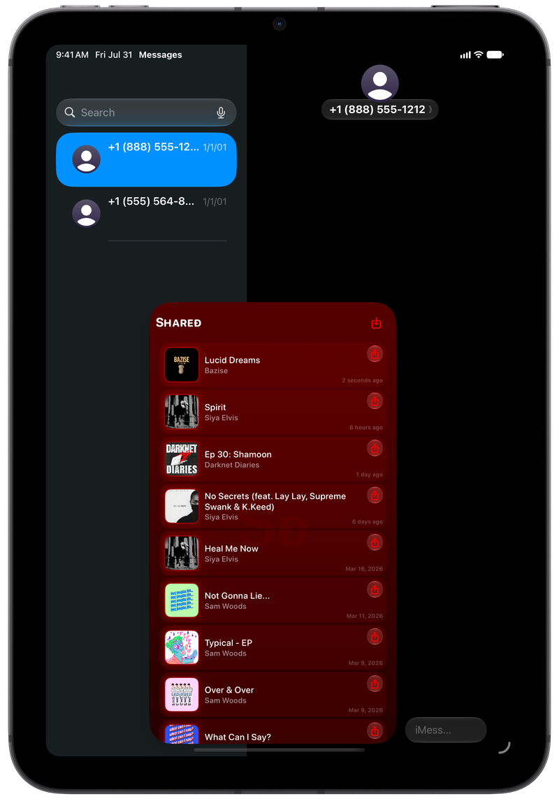 Shared on iPad mini showing Shared in Messages in the Red tint, dark appearance.
