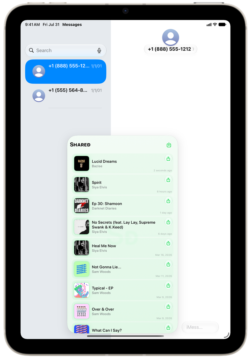 Shared on iPad mini showing Shared in Messages in the Green tint, light appearance.