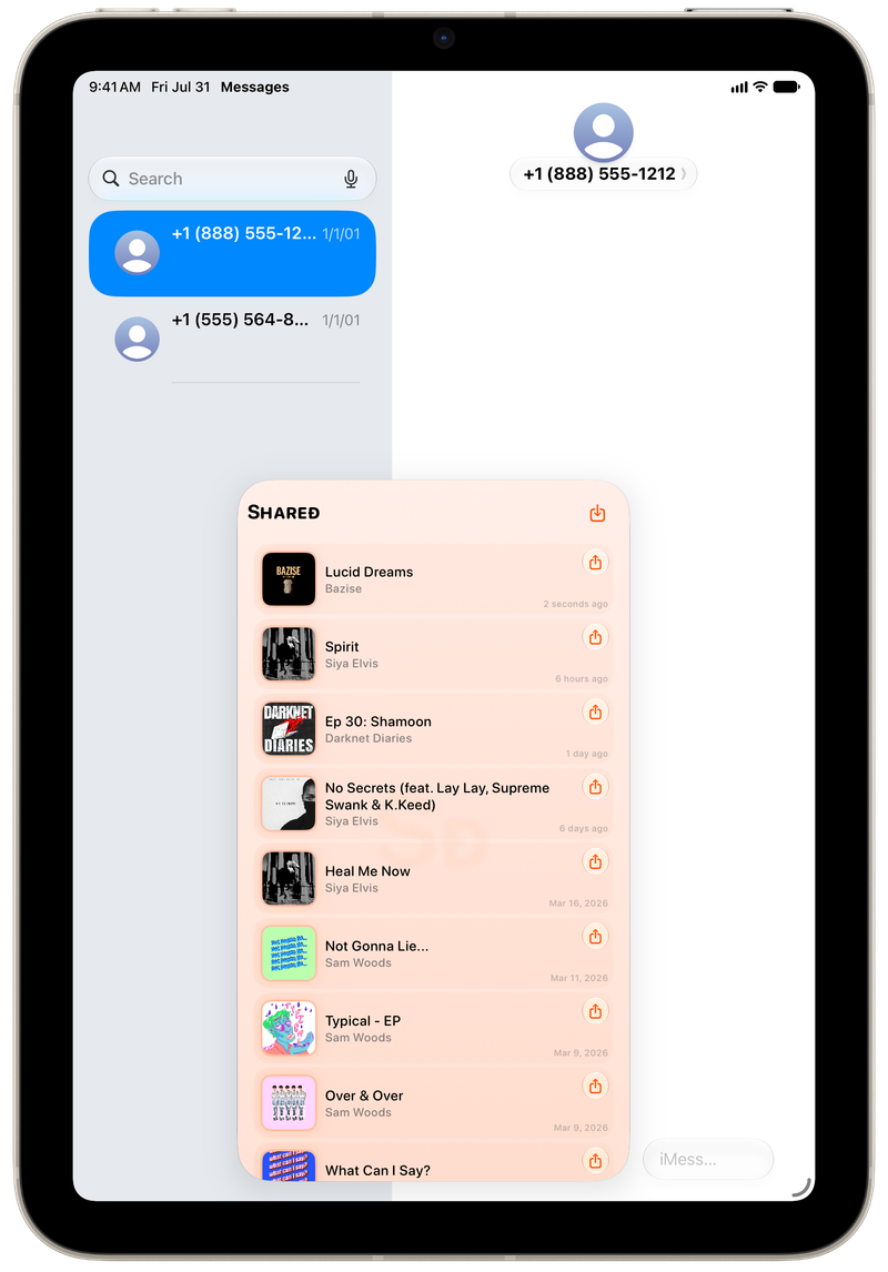 Shared on iPad mini showing Shared in Messages in the Orange tint, light appearance.