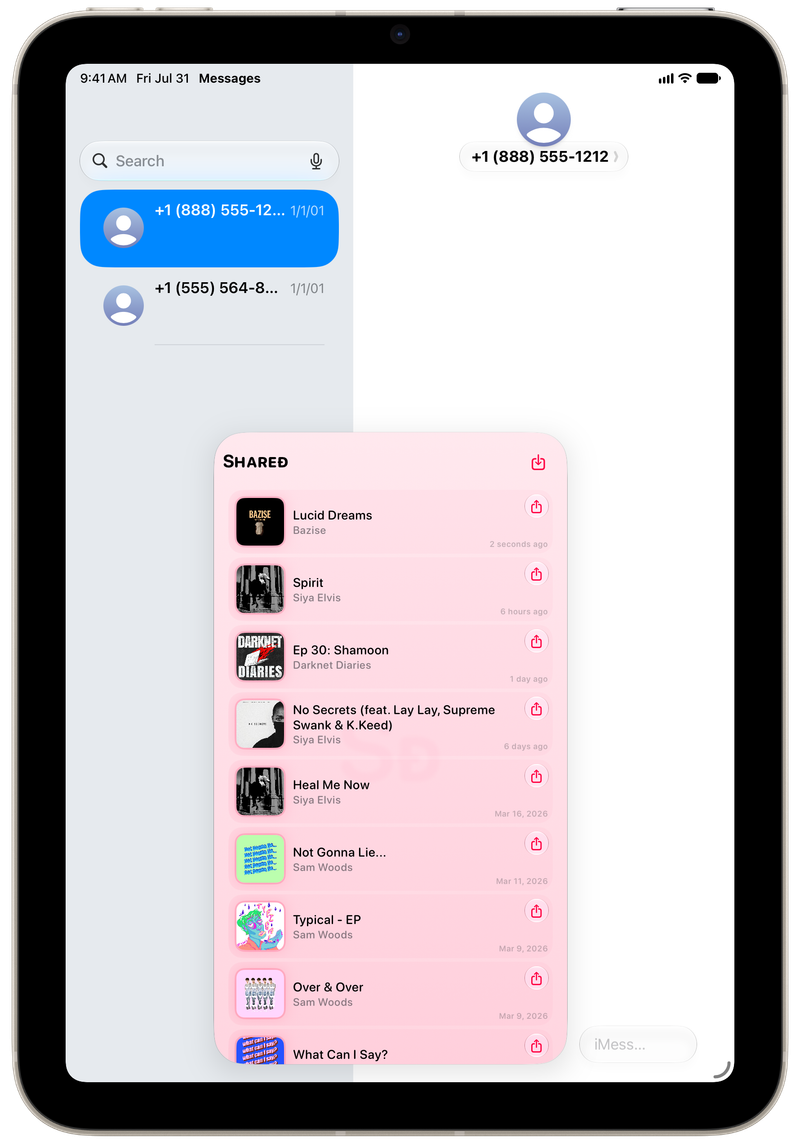 Shared on iPad mini showing Shared in Messages in the Pink tint, light appearance.