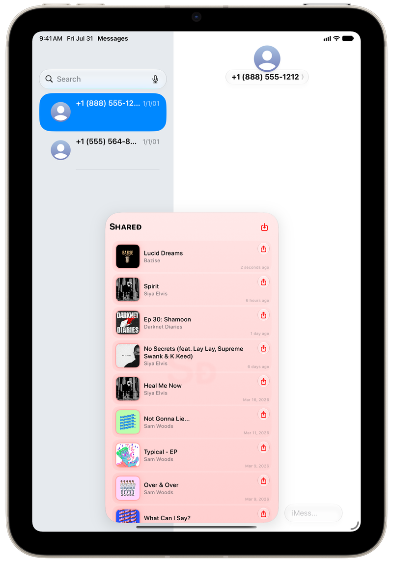 Shared on iPad mini showing Shared in Messages in the Red tint, light appearance.