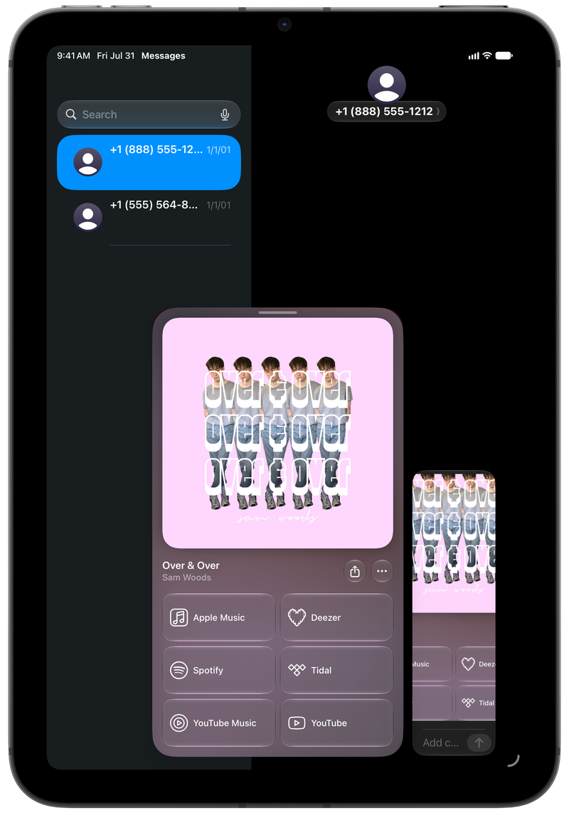 Shared on iPad mini showing Share as Image in Messages for Over & Over, dark appearance.