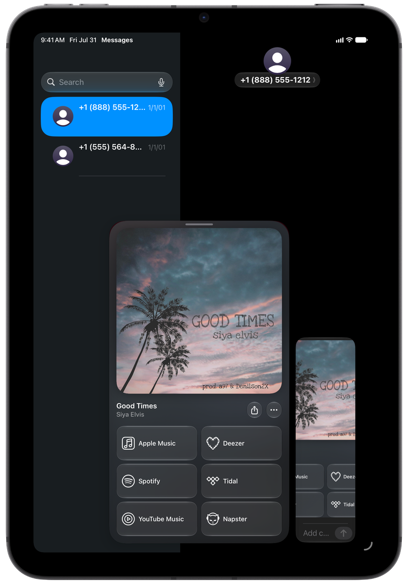 Shared on iPad mini showing Share as Image in Messages for Good Times, dark appearance.