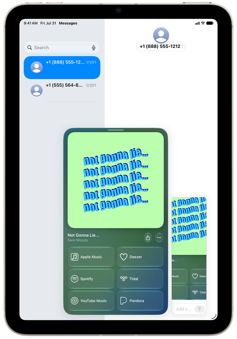 Shared on iPad mini showing Share as Image in Messages for Not Gonna Lie..., light appearance.