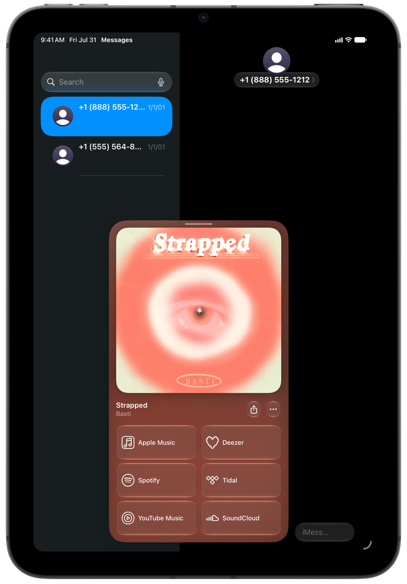 Shared on iPad mini showing Open in Shared from Messages for Strapped, dark appearance.