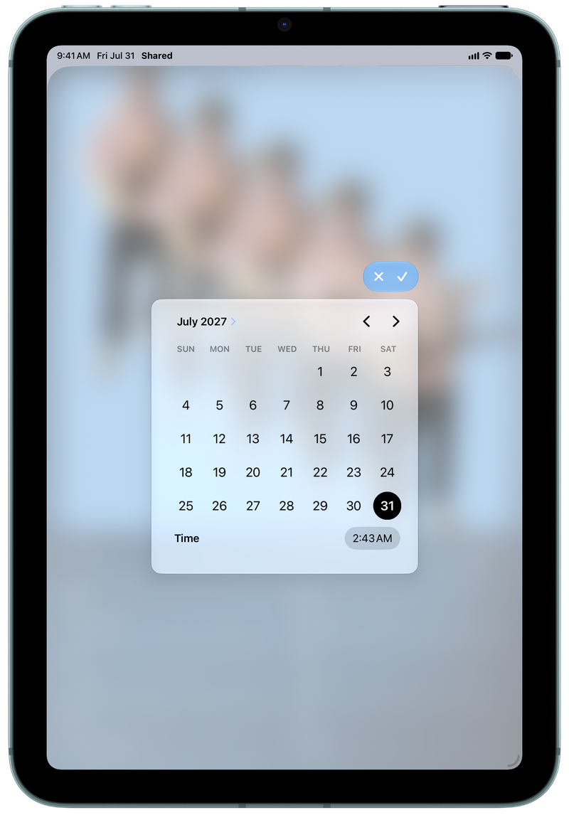 Shared on iPad mini showing Reminder Picker in the Blue tint, light appearance.