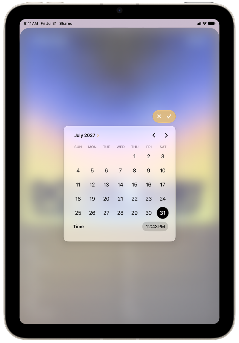 Shared on iPad mini showing Reminder Picker in the Purple tint, light appearance.