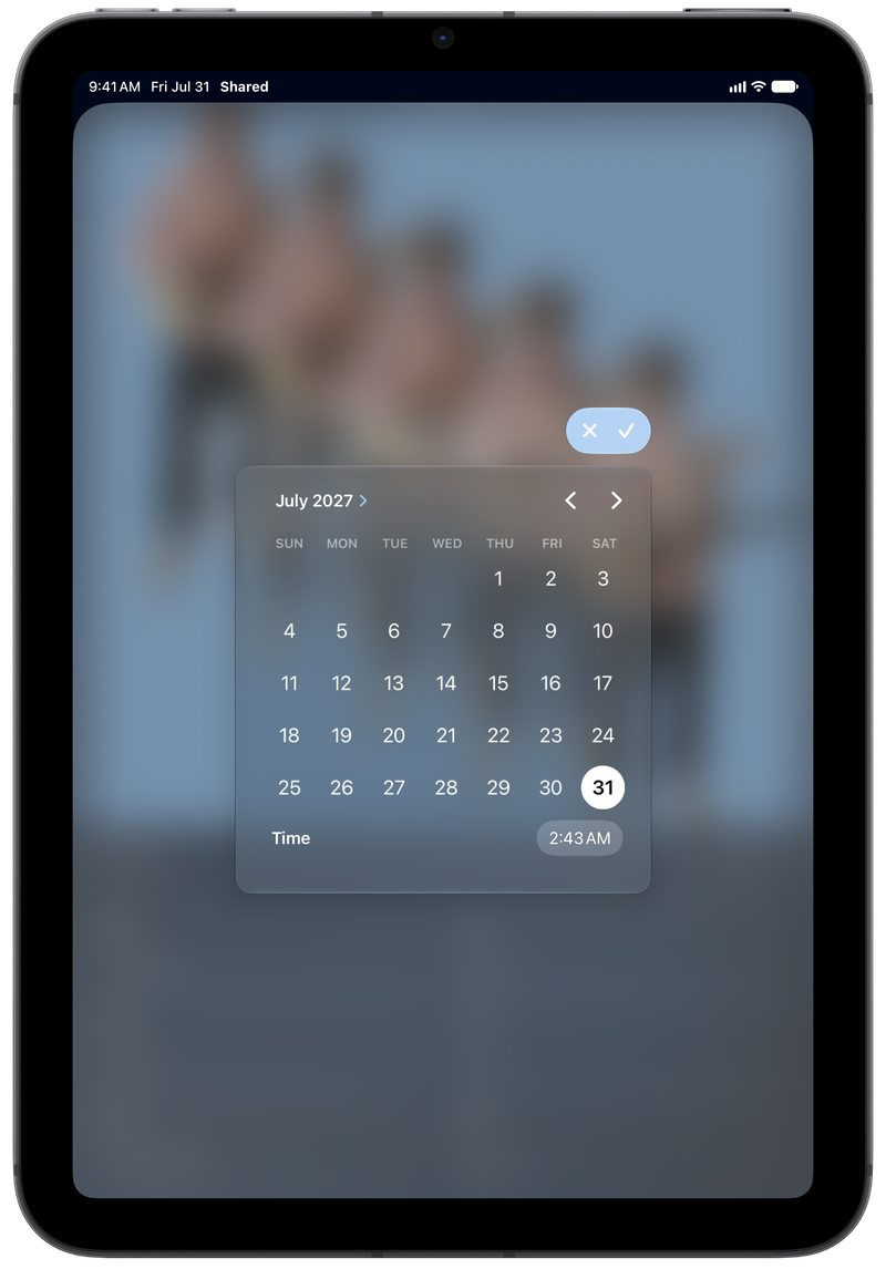 Shared on iPad mini showing Reminder Picker in the Blue tint, dark appearance.