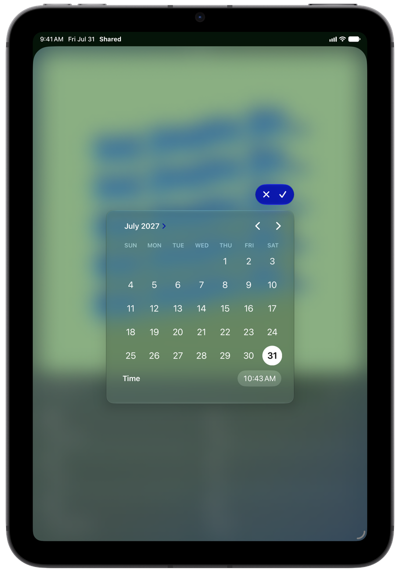 Shared on iPad mini showing Reminder Picker in the Green tint, dark appearance.