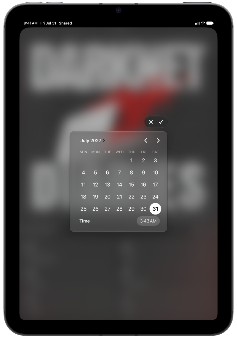 Shared on iPad mini showing Reminder Picker in the Grey tint, dark appearance.