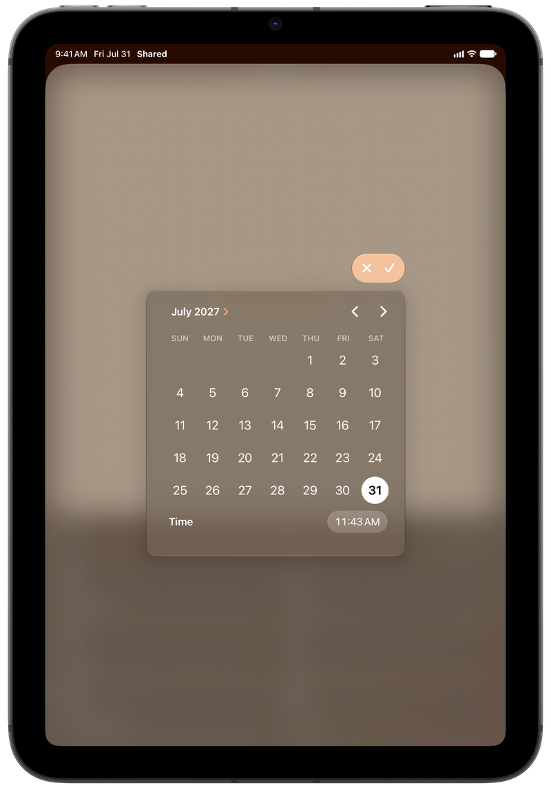 Shared on iPad mini showing Reminder Picker in the Orange tint, dark appearance.