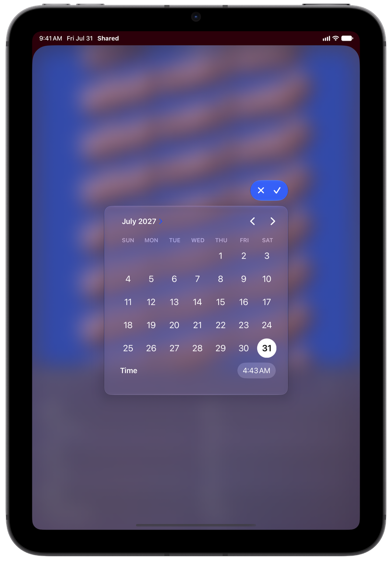 Shared on iPad mini showing Reminder Picker in the Pink tint, dark appearance.