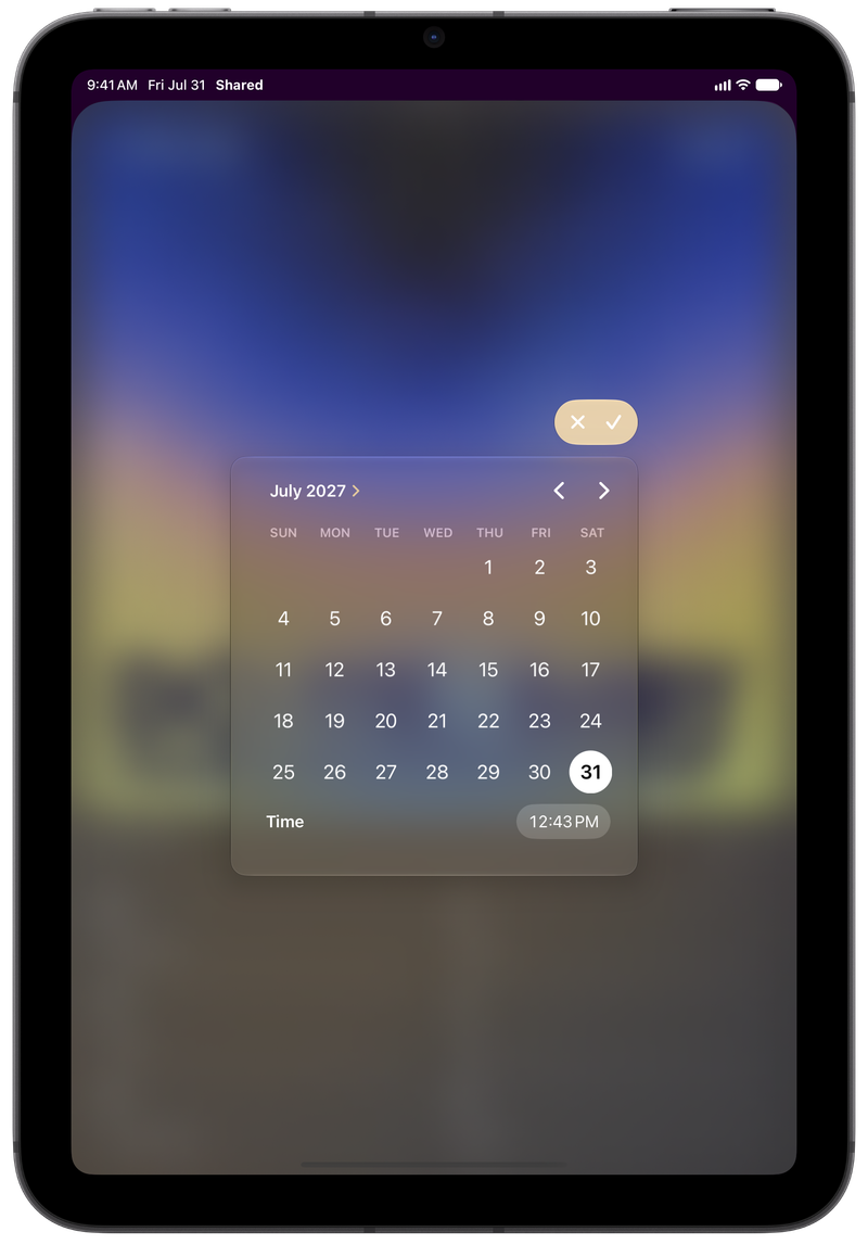 Shared on iPad mini showing Reminder Picker in the Purple tint, dark appearance.