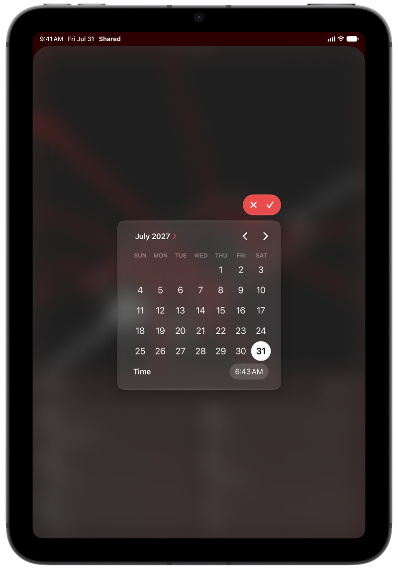 Shared on iPad mini showing Reminder Picker in the Red tint, dark appearance.