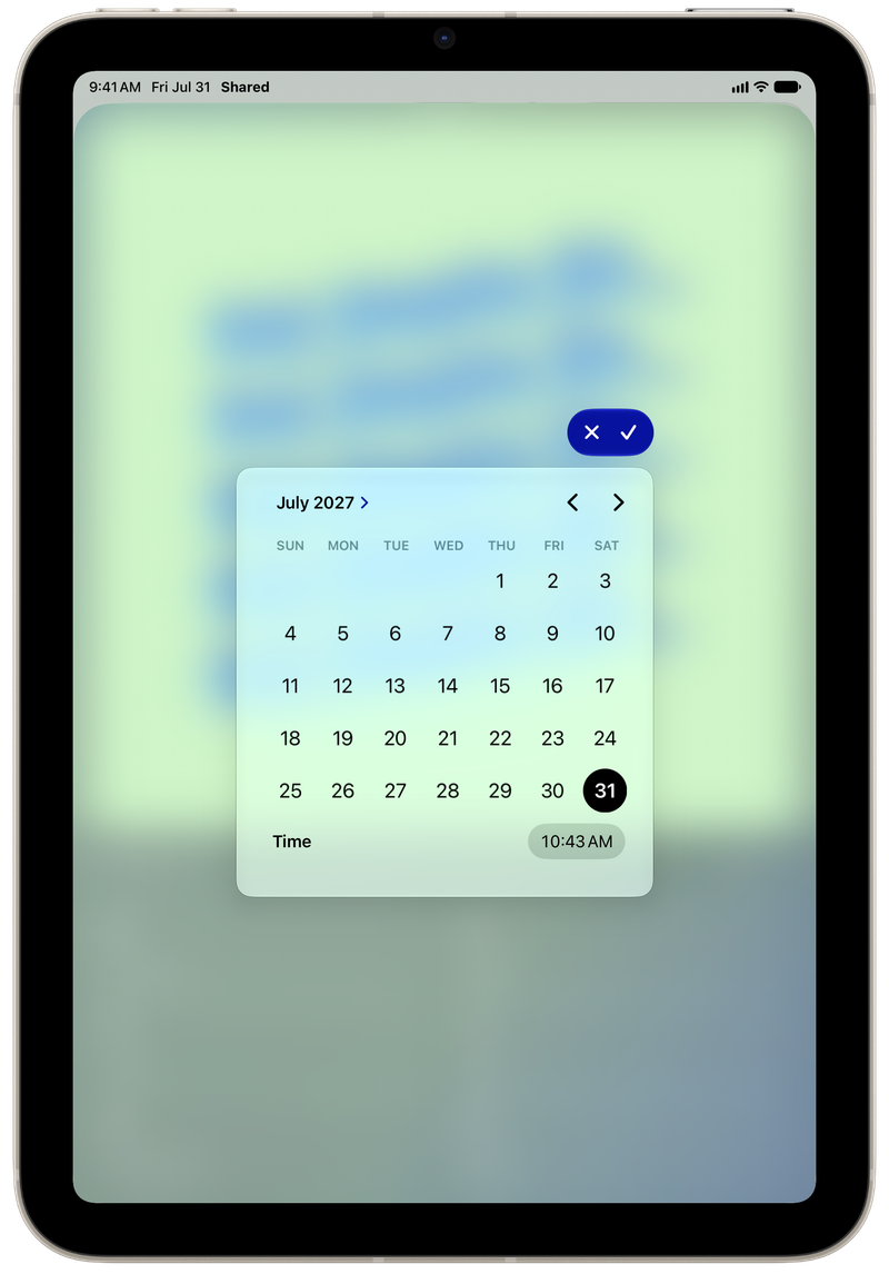 Shared on iPad mini showing Reminder Picker in the Green tint, light appearance.