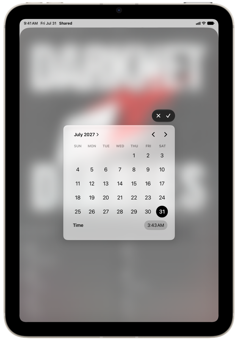 Shared on iPad mini showing Reminder Picker in the Grey tint, light appearance.