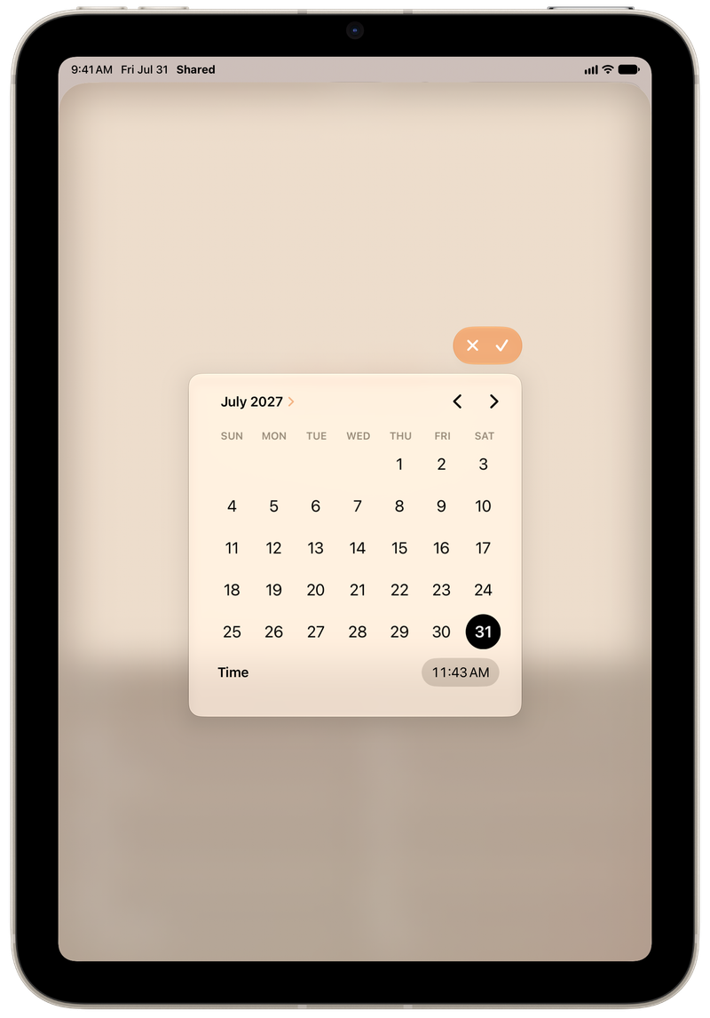 Shared on iPad mini showing Reminder Picker in the Orange tint, light appearance.