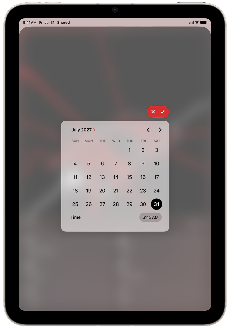 Shared on iPad mini showing Reminder Picker in the Red tint, light appearance.