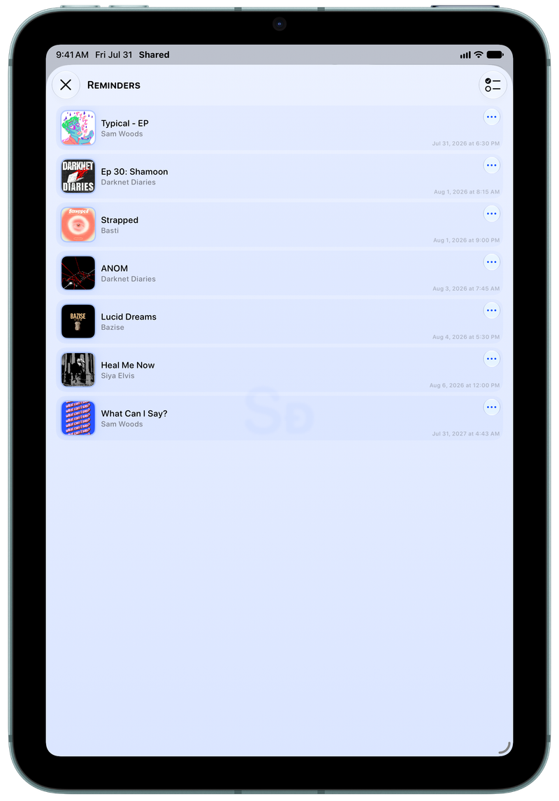 Shared on iPad mini showing Reminders in the Blue tint, light appearance.