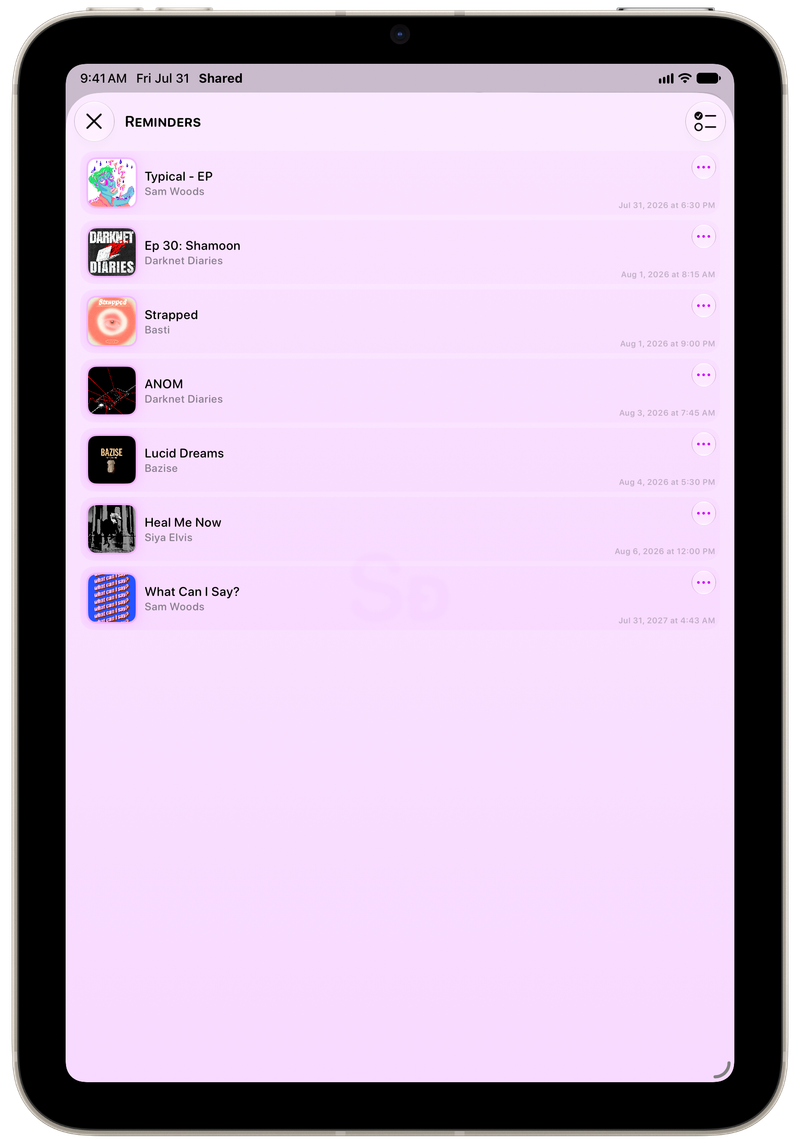 Shared on iPad mini showing Reminders in the Purple tint, light appearance.